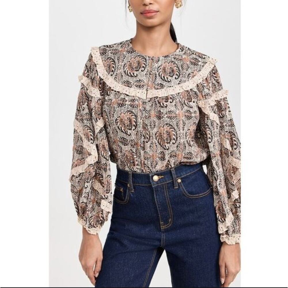 ULLA JOHNSON Edith Blouse Womens 8 Cream Brown Floral Leaf Print Balloon Sleeve